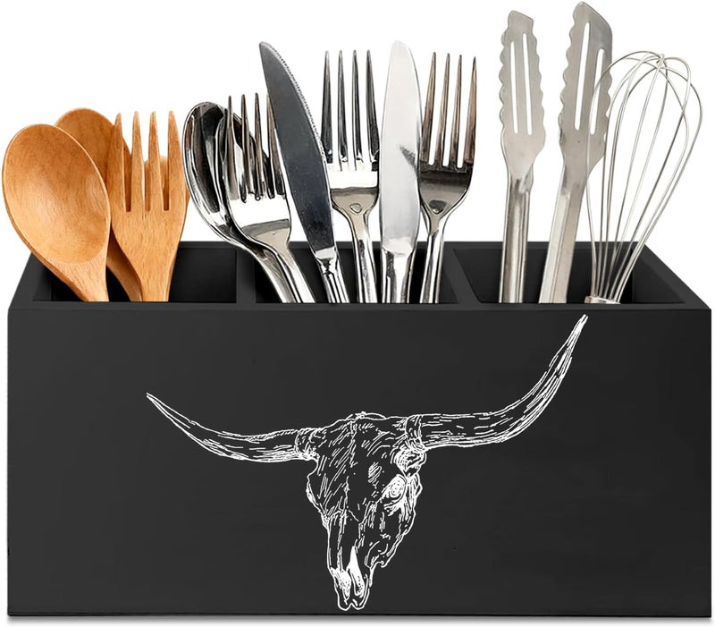 KBRCT Western Cow Skull Wooden Utensils Holder, Black Desert Cow Bull Horn Skull Wood Cooking Utensil Holder Organizer for Kitchen Countertop Counter Decor Accessories - Image 1
